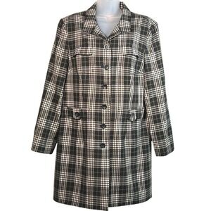 Plaid Coat Women's Black Cream Green Checkered Longline Jacket Preppy Career